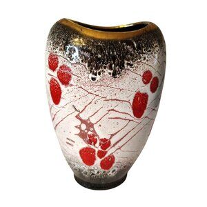 Vintage West German Lava Pottery Vase Planter, Red White Splatter Gold Trim MCM